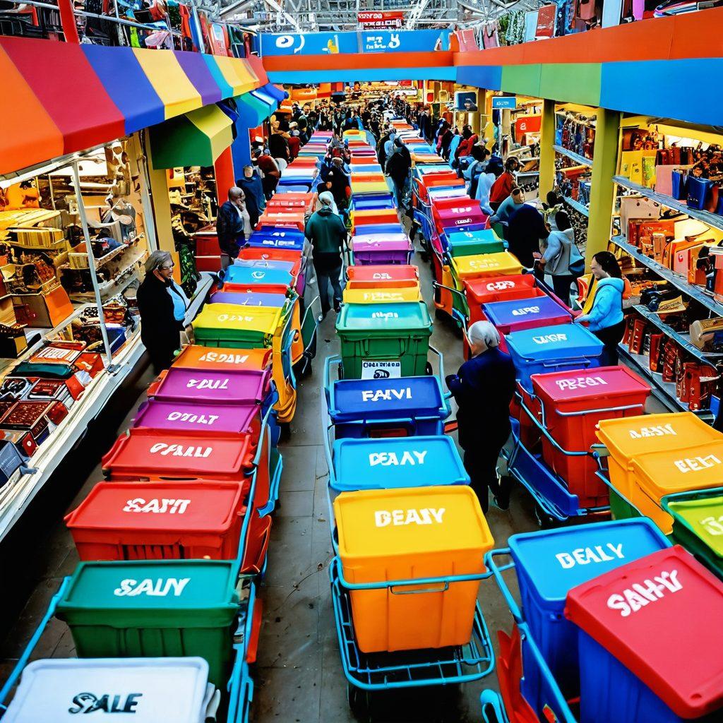 A dynamic scene of diverse shoppers joyfully searching through colorful bargains at Peavy Mart, with overflowing carts and bright sale signs around. The atmosphere should be vibrant and exciting, capturing the thrill of savings with animated expressions. Include an array of unique items from electronics to clothing, emphasizing the diversity of bargains. super-realistic. vibrant colors.