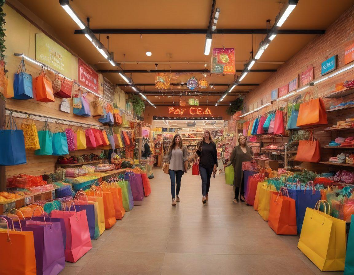 A vibrant shopping scene inside Peavy Mart, showcasing ecstatic shoppers with colorful shopping bags in hand, surrounded by eye-catching discount signs and joyful expressions. Highlight various products on sale with playful pricing tags and a cheerful atmosphere with warm lighting. The background features a decorated store layout with hints of a community gathering vibe. super-realistic. vibrant colors.
