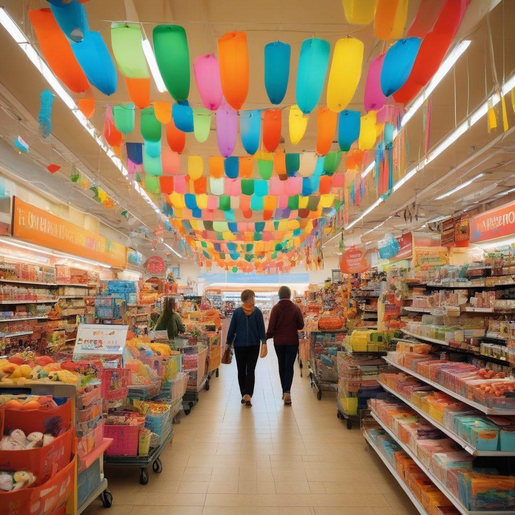 A vibrant shopping scene inside a bustling Peavy Mart, showcasing joyful shoppers happily filling their carts with colorful products while engaging in cheerful conversations. Bright banners promoting discounts and special offers hang overhead, and an array of cheerful, diverse characters of all ages adds to the lively atmosphere. The store is adorned with colorful decorations, emphasizing happiness and value. super-realistic. vibrant colors. lively atmosphere.